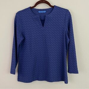 J. McLaughlin Blue Jacquard 3/4 Sleeves Sleeves Split Neck Carly Top Size Medium